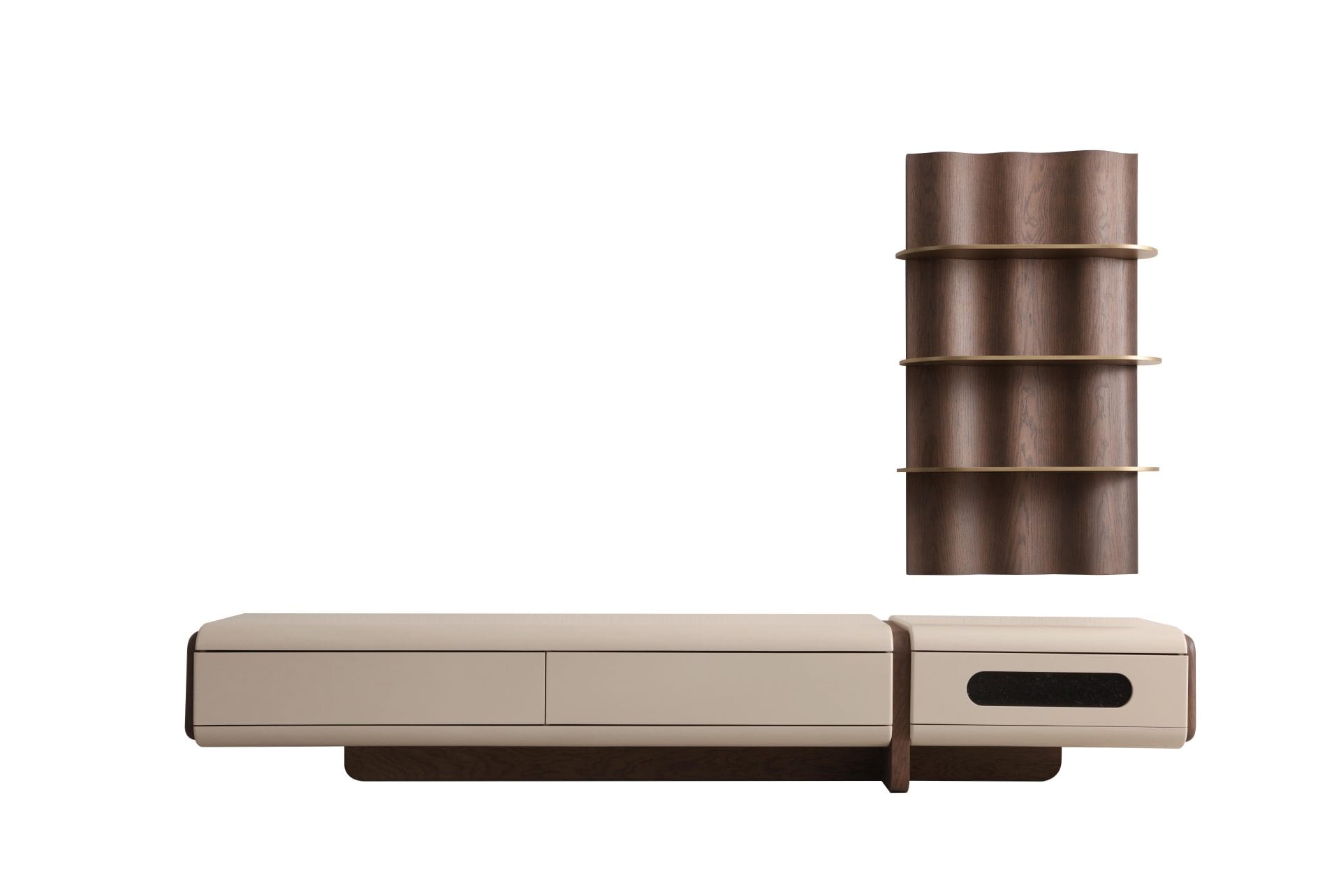 Monumentalna Szafka RTV LUNAR TV UNIT – 291 cm, obła rama, 500L, Push-to-Open - obrazek 3