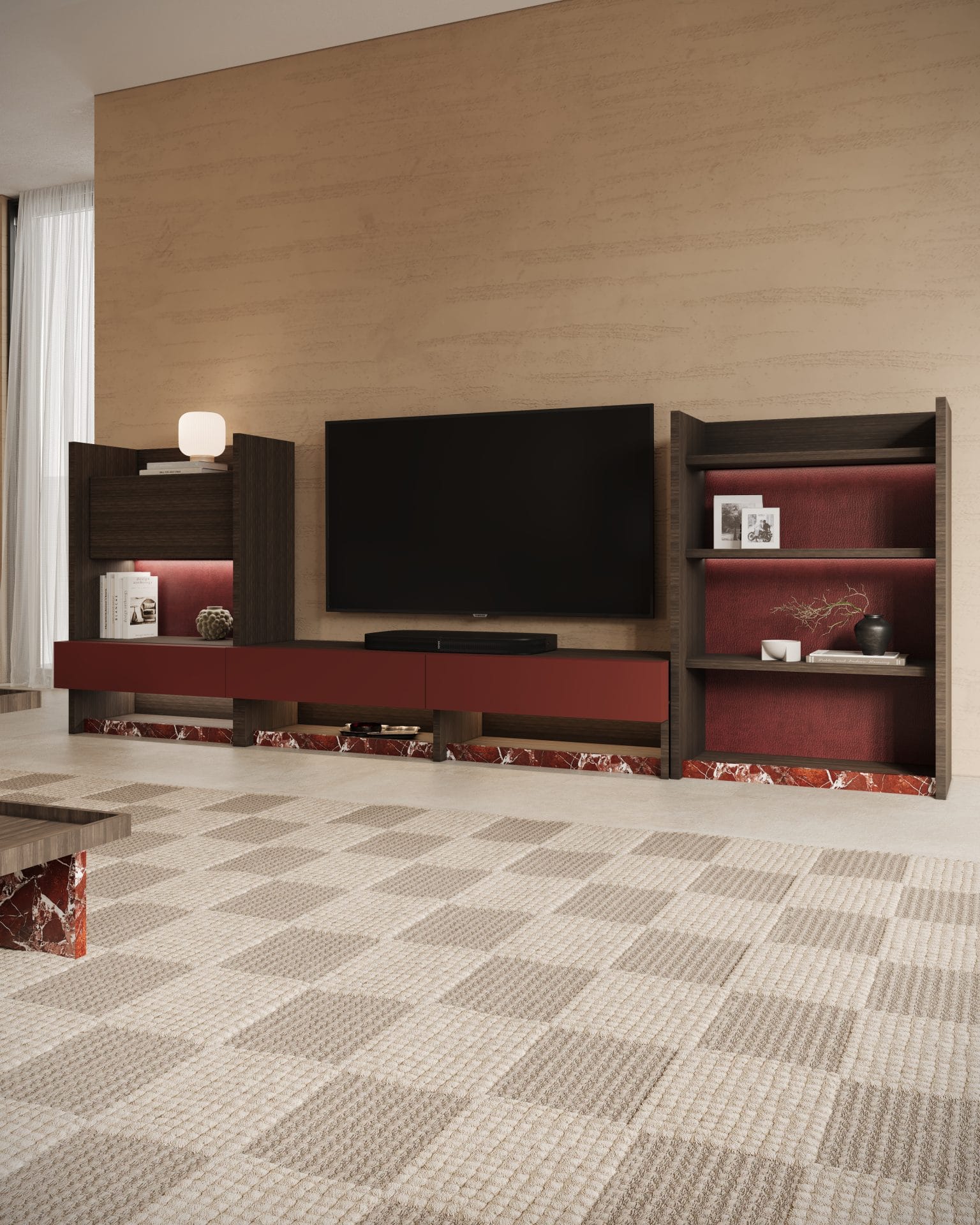 Regał NAZU Bookcase – szerokość 90 cm, wysokość 128 cm, podświetlenie LED, wiśniowe plecy, marmurowa podstawa - obrazek 2