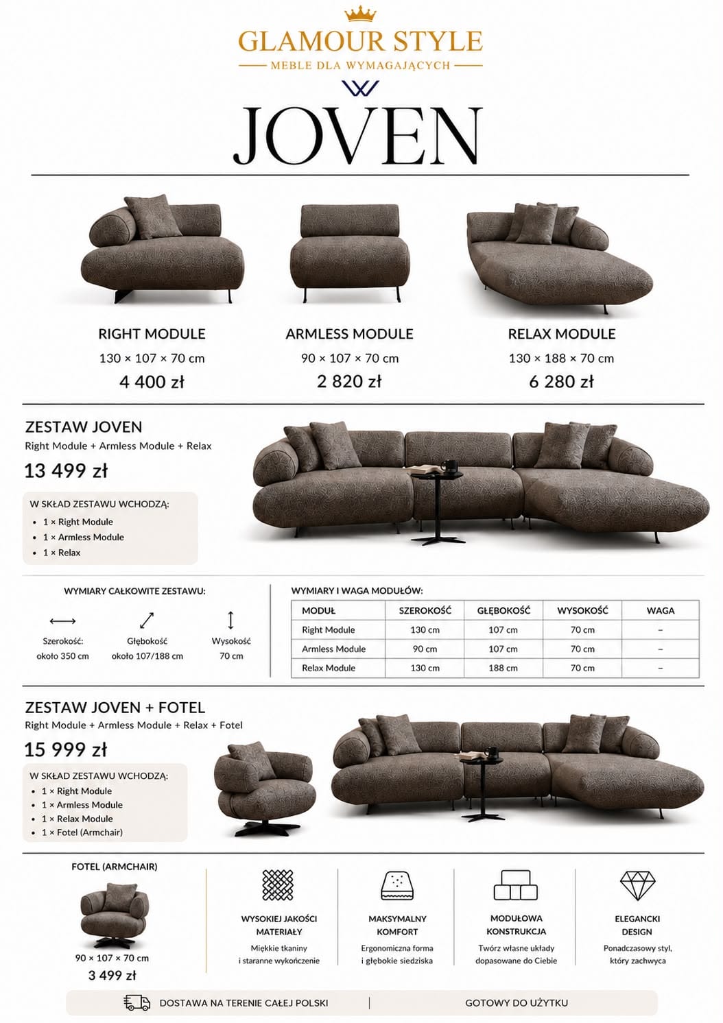 Kolekcja Modułowa JOVEN – obłe formy, wysokość 70 cm, moduł Relax 188 cm, cennik modułów - obrazek 2