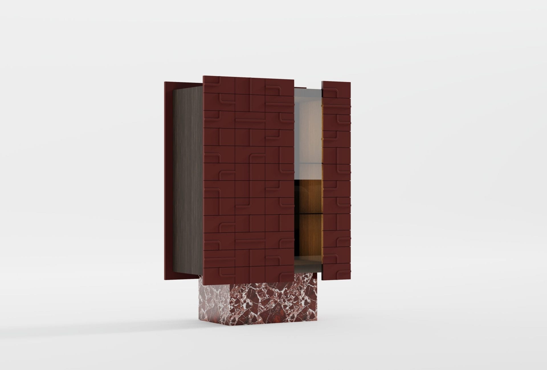 Witryna NAZU Showcase – szerokość 100 cm, wysokość 142 cm, fronty 3D wiśnia/rubin, podświetlenie LED