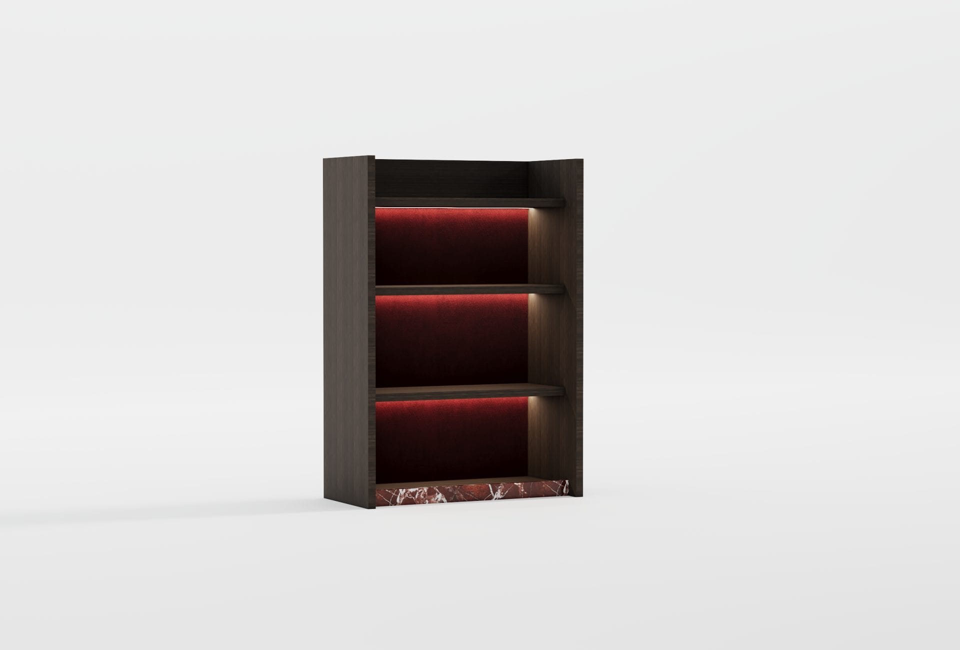 Regał NAZU Bookcase – szerokość 90 cm, wysokość 128 cm, podświetlenie LED, wiśniowe plecy, marmurowa podstawa