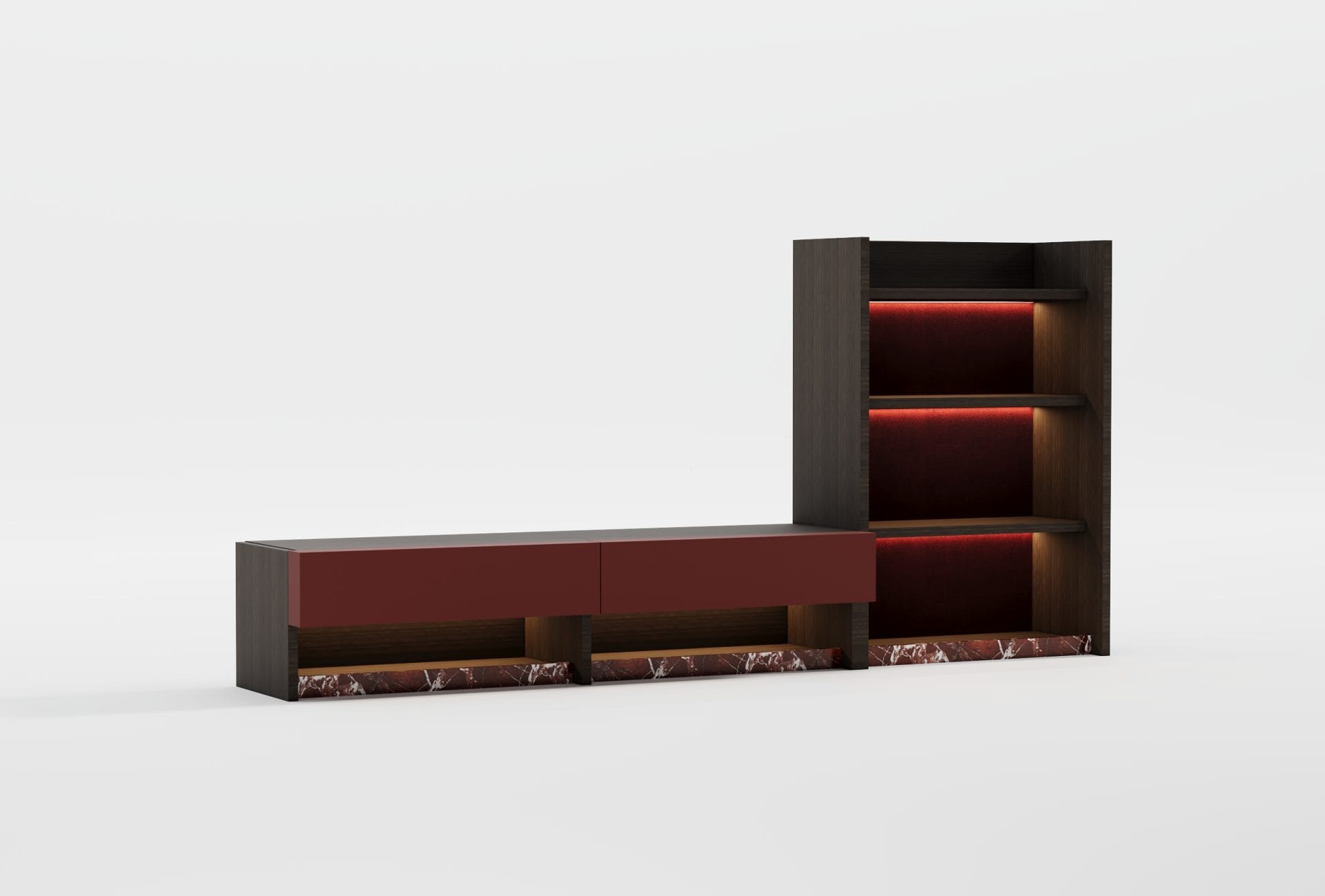 Regał NAZU Bookcase – szerokość 90 cm, wysokość 128 cm, podświetlenie LED, wiśniowe plecy, marmurowa podstawa - obrazek 4
