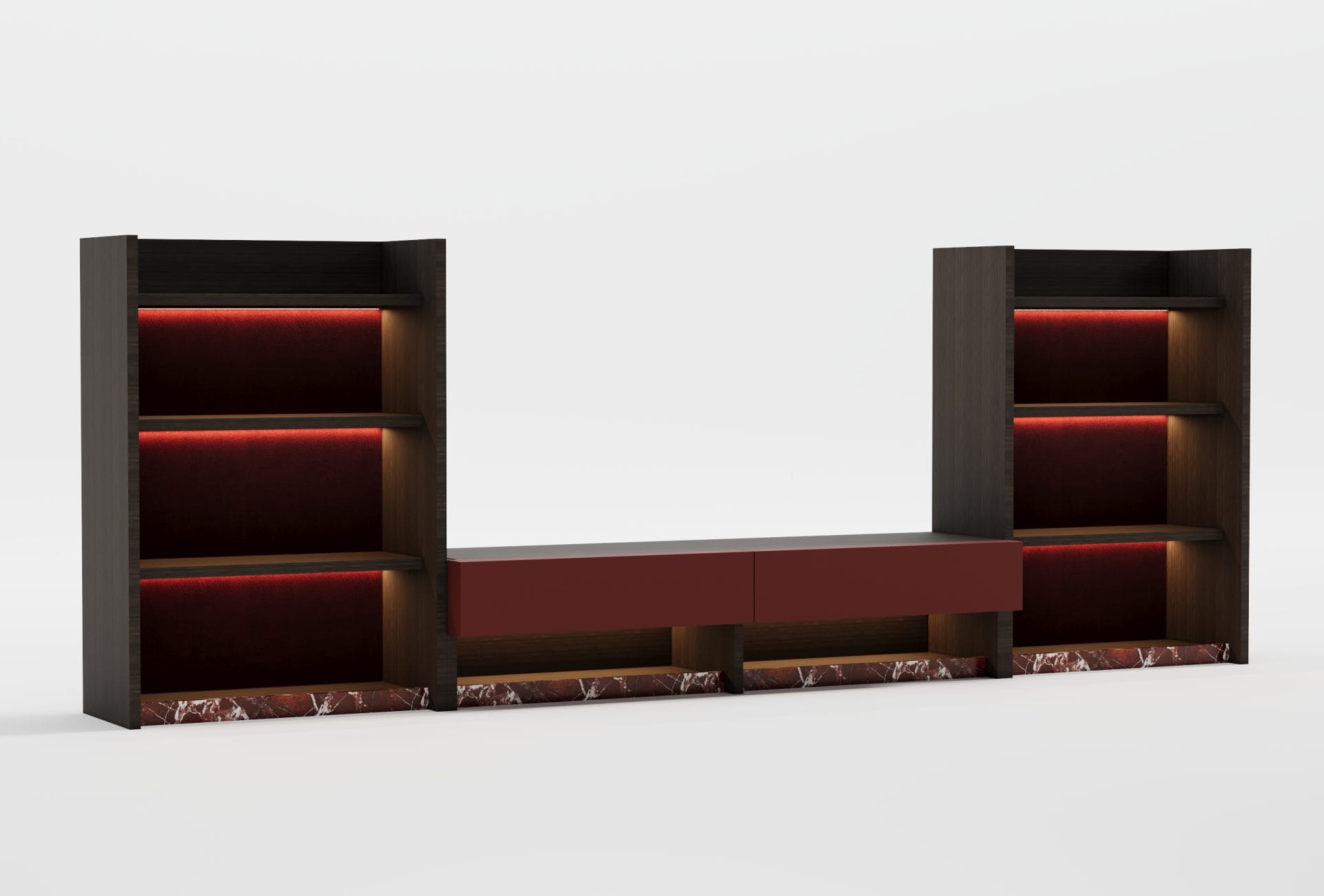 Regał NAZU Bookcase – szerokość 90 cm, wysokość 128 cm, podświetlenie LED, wiśniowe plecy, marmurowa podstawa - obrazek 3